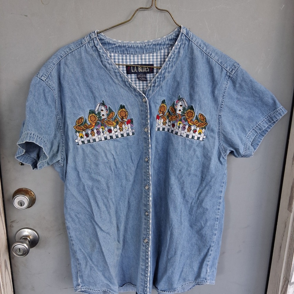 Vtg 90s Cottagecore Grannycore Embroidered Sunflower Denim Button Down Shirt L
